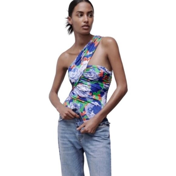 NWOT Zara Multicolor Floral Asymmetrical Draped Bodysuit Size Small OneShoulder - Picture 1 of 7